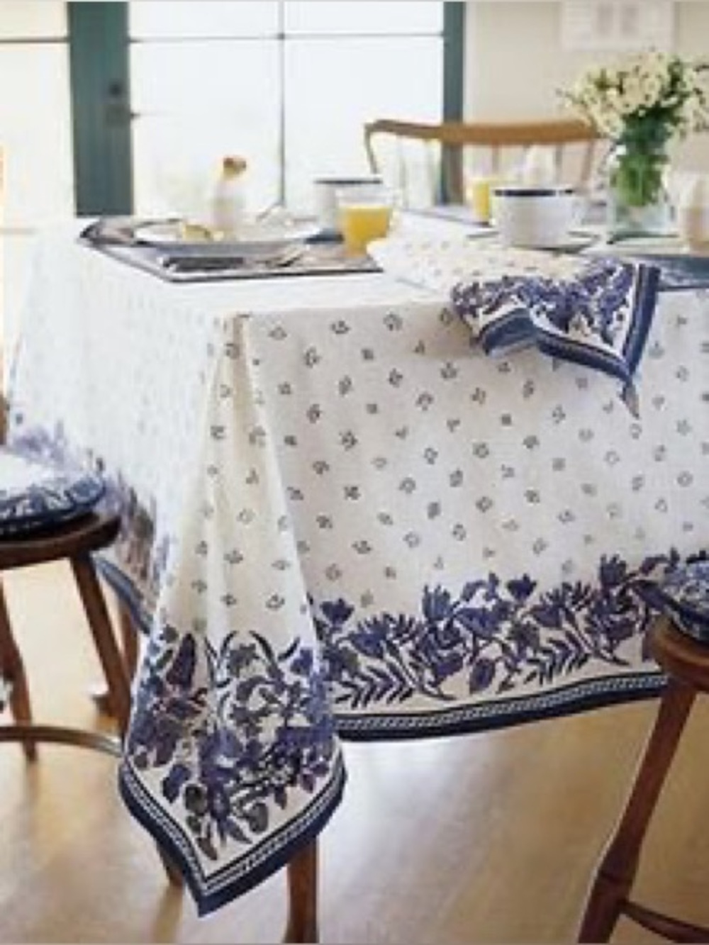 Williams Sonoma blue white French Provence floral block print tablecloth napkins